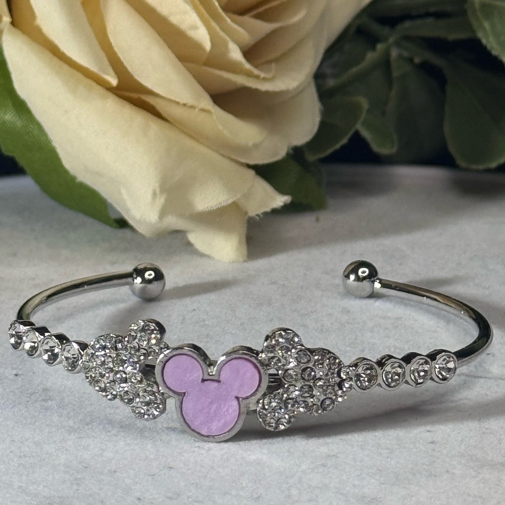 NWOT Silver Tone Sparkling Mickey Ears Cuff Bracelet Purple 2 inch